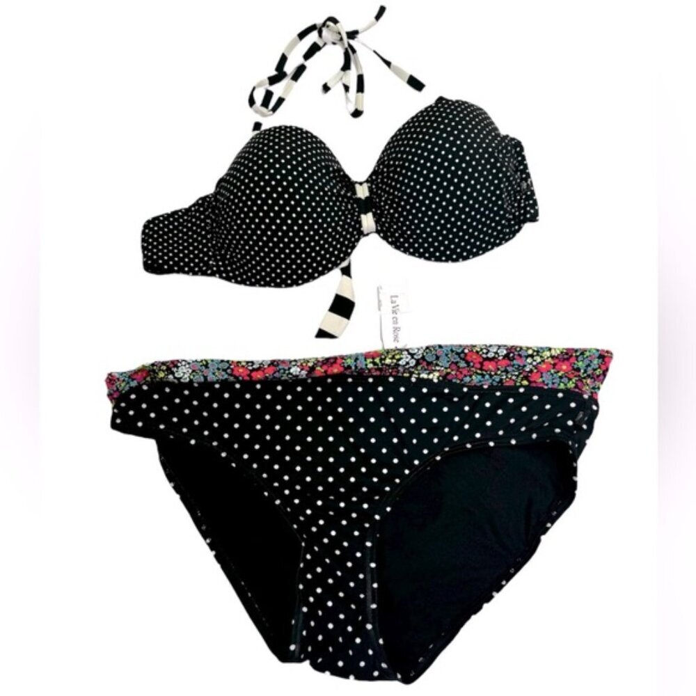 La Vie En Rose Floral Striped Polka Dot Bikini Padded Push Up Bra Hi Waist Brief